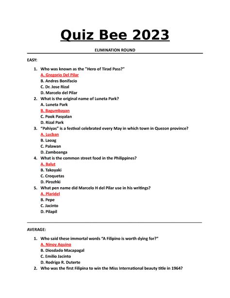 Read Online Quiz Bee Questions And Answers Thebathore 