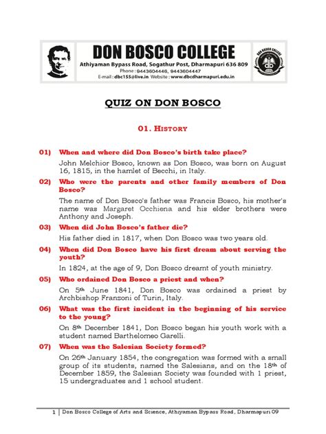 Read Online Quiz On Don Bosco 