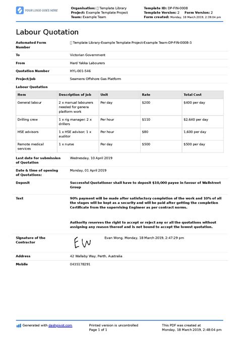 Quotation Format For Labour Supply