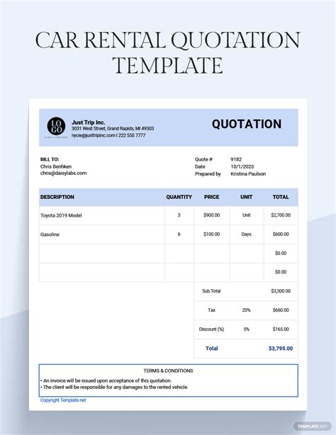 quotation format for rental car