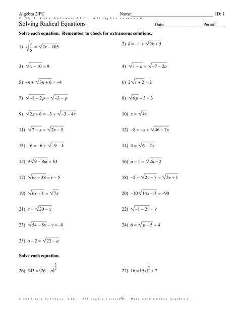 Radical Equations Worksheets Radicals Worksheet Algebra 1 - Radicals Worksheet Algebra 1