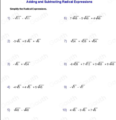 Radical Expressions Worksheet
