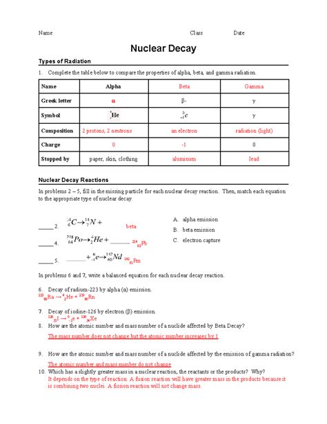 radioactive decay study guide answer key