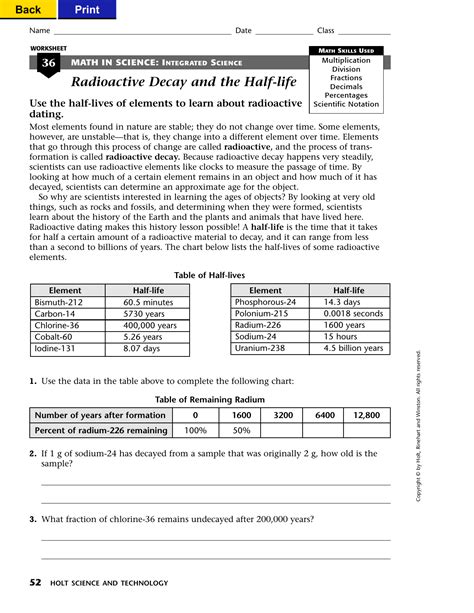 Read Radioactive Decay And Half Life Worksheet Answers 