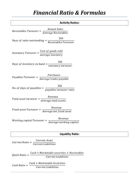 Ratio Analysis Formula Pdf