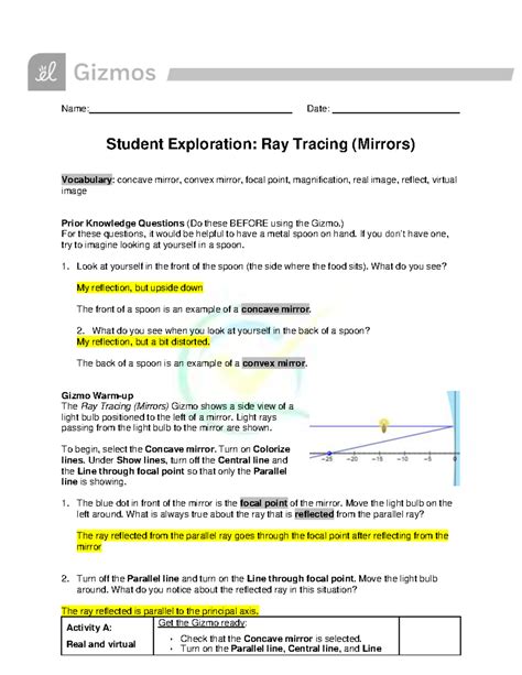Ray Tracing Mirrors Gizmo Answer Key