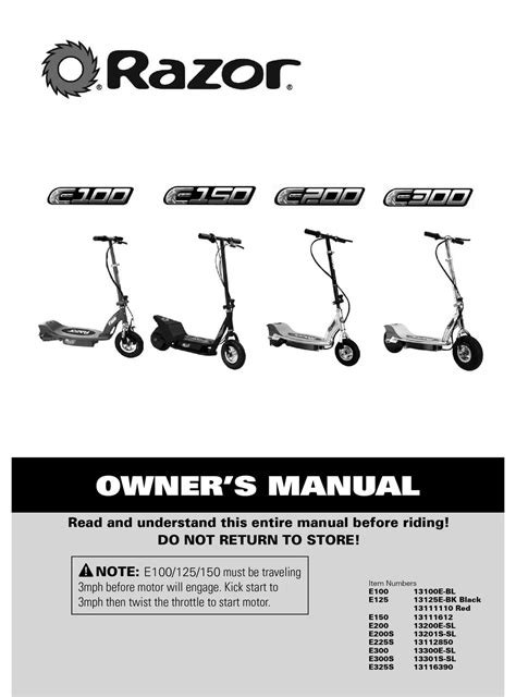 Read Online Razor E100 Electric Scooter Owners Manual 
