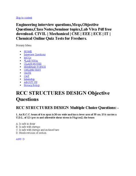 Rcc Design Objective Questions