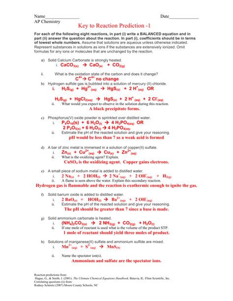 Reaction Prediction Practice Answer Key