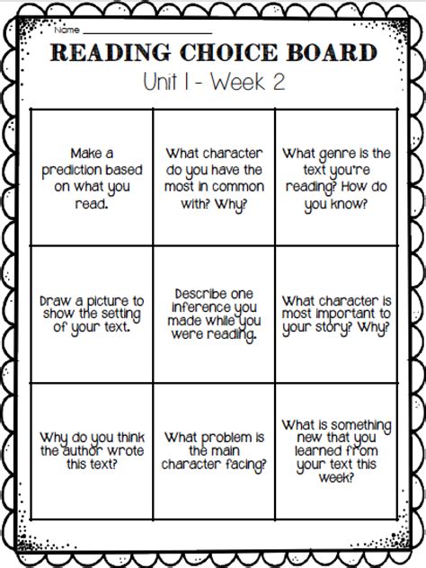 reading choice board