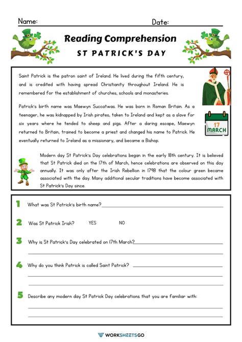 Reading Comprehension Worksheet St Patricku0027s Day St Patrick S Day Comprehension Worksheet - St Patrick's Day Comprehension Worksheet