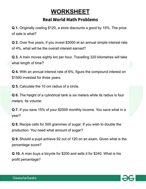 Real World Math Problems Worksheets