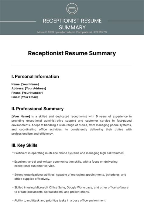 receptionist summary examples paragraphs