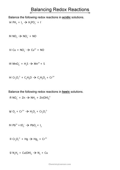 Redox Problem Set 1 Reactions And Stoichiometry