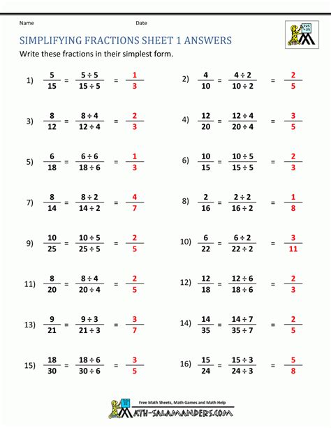 Reducing Fractions Answers   Grade 5 Fractions Worksheets Simplifying Fractions K5 Learning - Reducing Fractions Answers