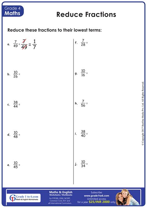 Reducing Fractions To Lowest Terms Free Math Worksheets Division Worksheet Grade 3 Mathaids - Division Worksheet Grade 3 Mathaids