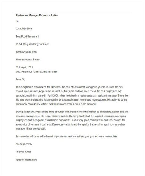 Reference Letter For Restaurant Manager