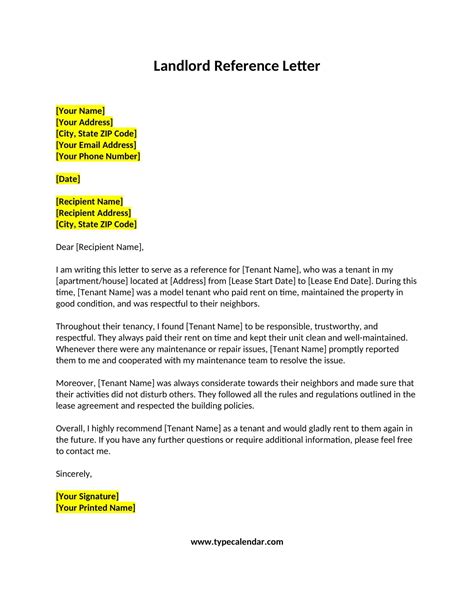 reference letter landlord