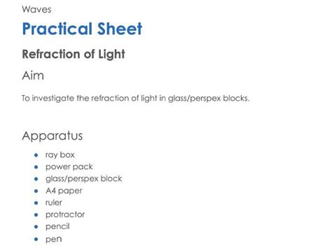 Refraction Of Light Practical Sheet Teaching Resources Refraction Of Light Worksheet - Refraction Of Light Worksheet