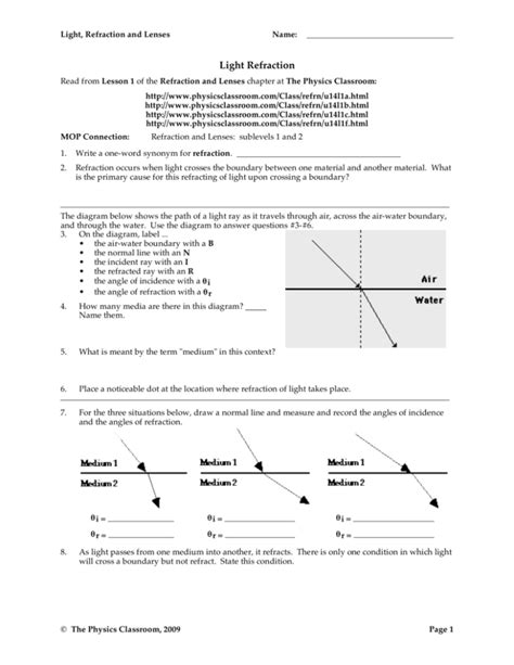 Refraction Packet The Physics Classroom Reflection And Refraction Worksheet Middle School - Reflection And Refraction Worksheet Middle School