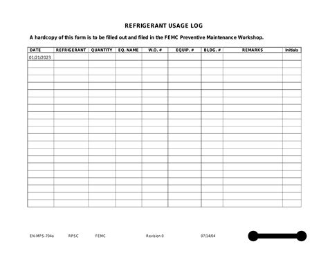 Refrigerant Used Log Sheet