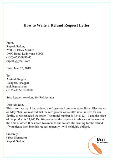 Refund Business Letter Example