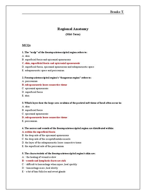 regional anatomy mcqs with answer