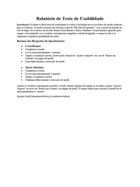 Relatorio Teste De Usabilidade