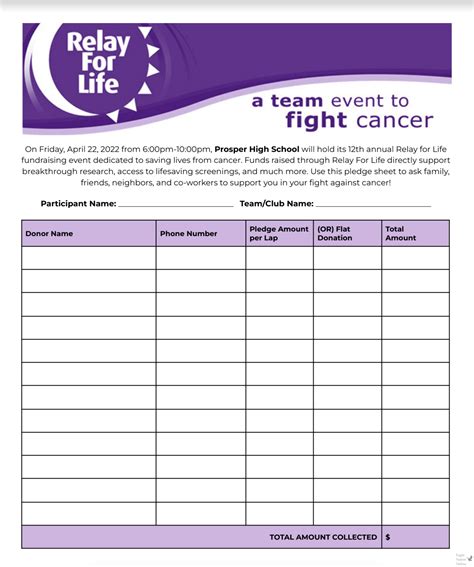 relay for life pledge sheet