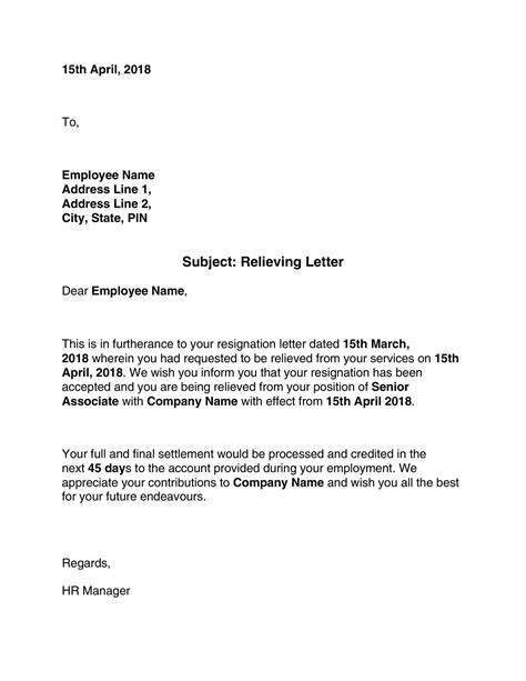 relieving letter format for employee