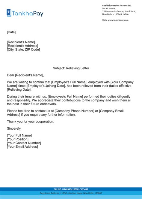 Relieving Letter Format Pdf
