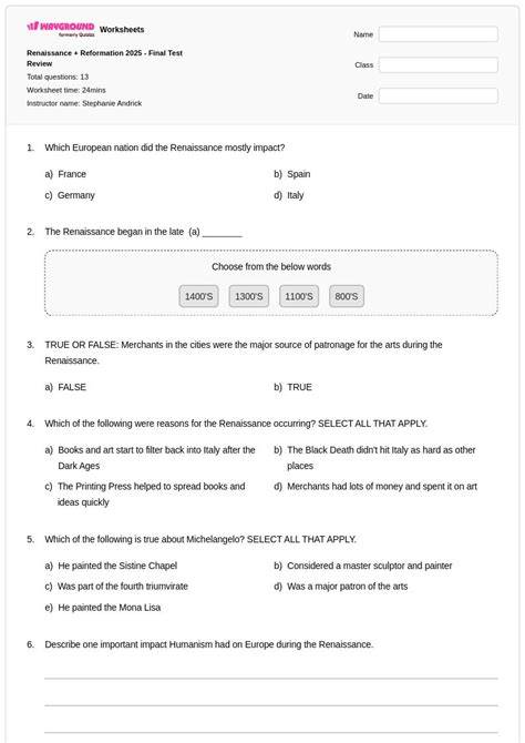 rennaissance and reformation test form b