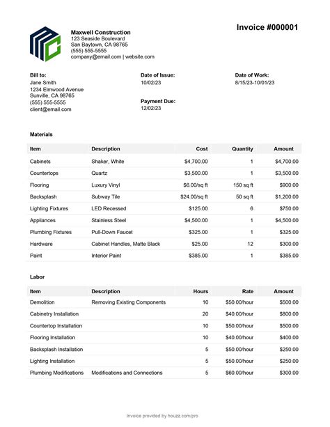 Renovation Invoice Sample