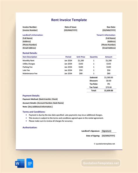 rent invoice template google docs