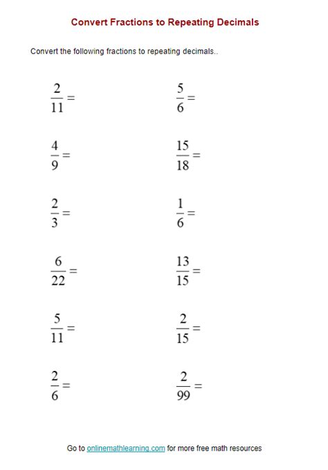 Repeating Decimal To Fraction Worksheet