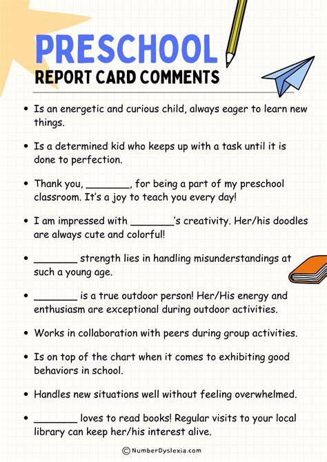 report card comments for kindergarten arts