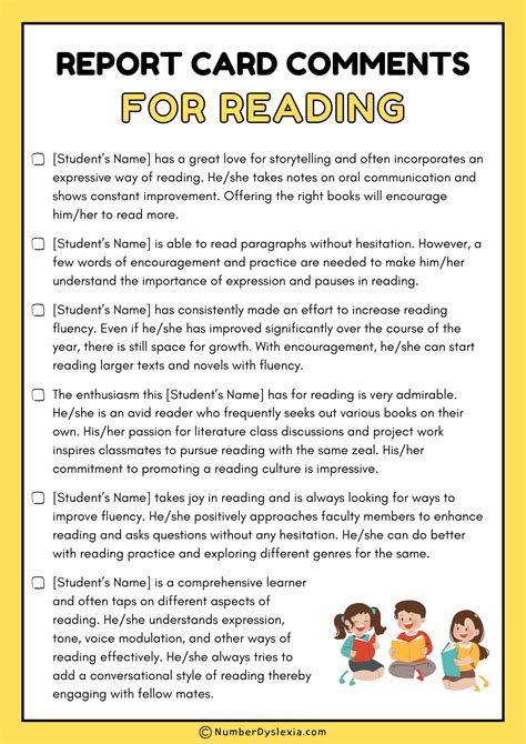 Report Card Comments For Reading