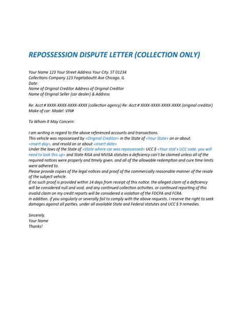 Repossession Dispute Letter