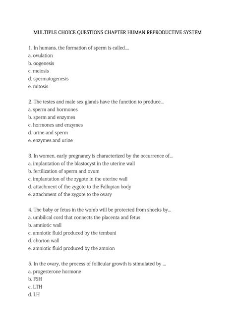 reproductive system multiple choice questions