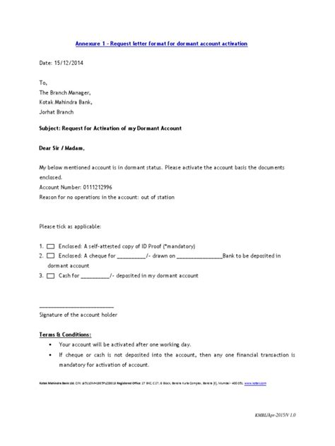 Request For Activation Of Dormant Inoperative Account