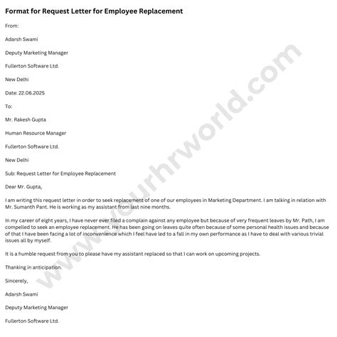 requesting employee replacement letter samples