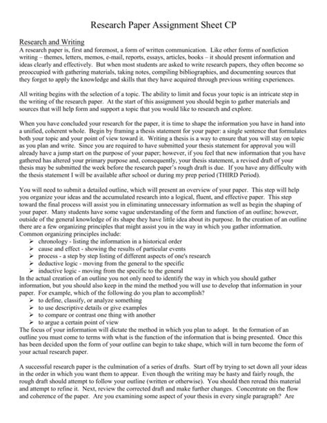 Read Online Research Paper Assignment Sheet 
