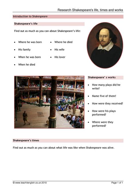 Researching Shakespeare Ks3 English Teachit Shakespeare Background Worksheet - Shakespeare Background Worksheet