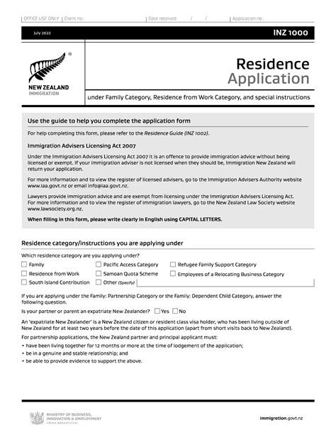 residence application inz 1000