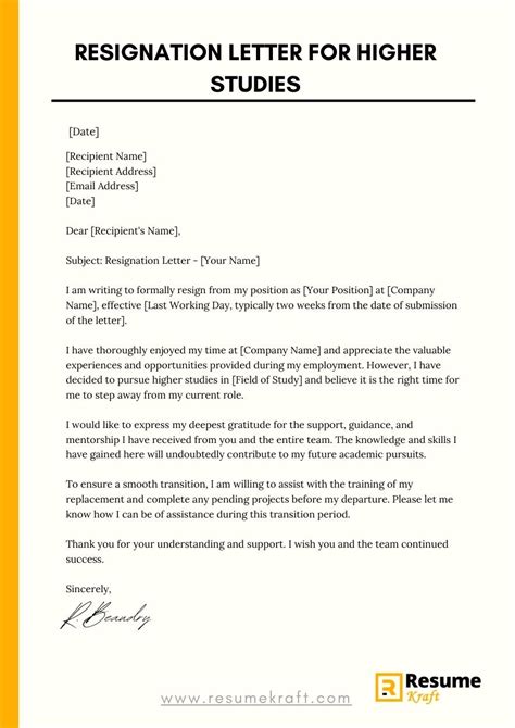 Resignation Letter Format For Higher Studies