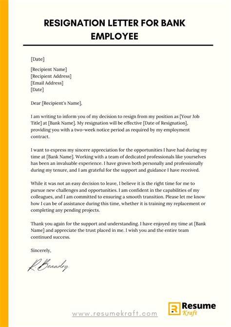 resignation letter samples for bank employee