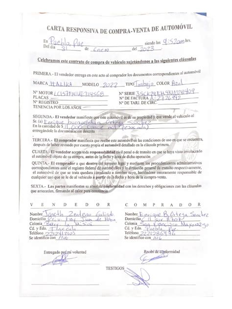 Responsiva De Compra Venta