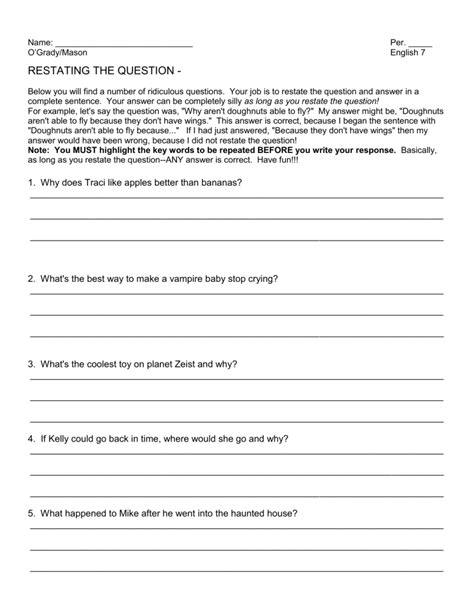 Restating The Question Worksheet Pdf Form Fill Out Restating The Question Practice Worksheet - Restating The Question Practice Worksheet