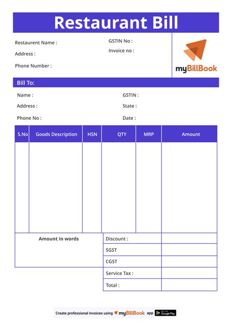 Restaurant Bill Format