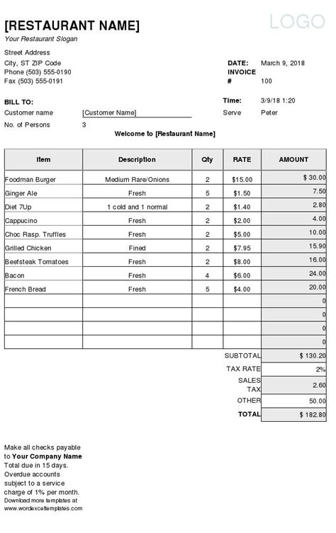 Restaurant Bill Samples